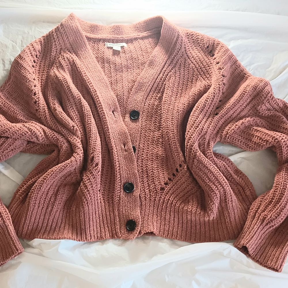 NEW American Eagle Soft Cozy Salmon Cardigan, Cute Grandpa-Style Sweater, Large - Picture 1 of 4